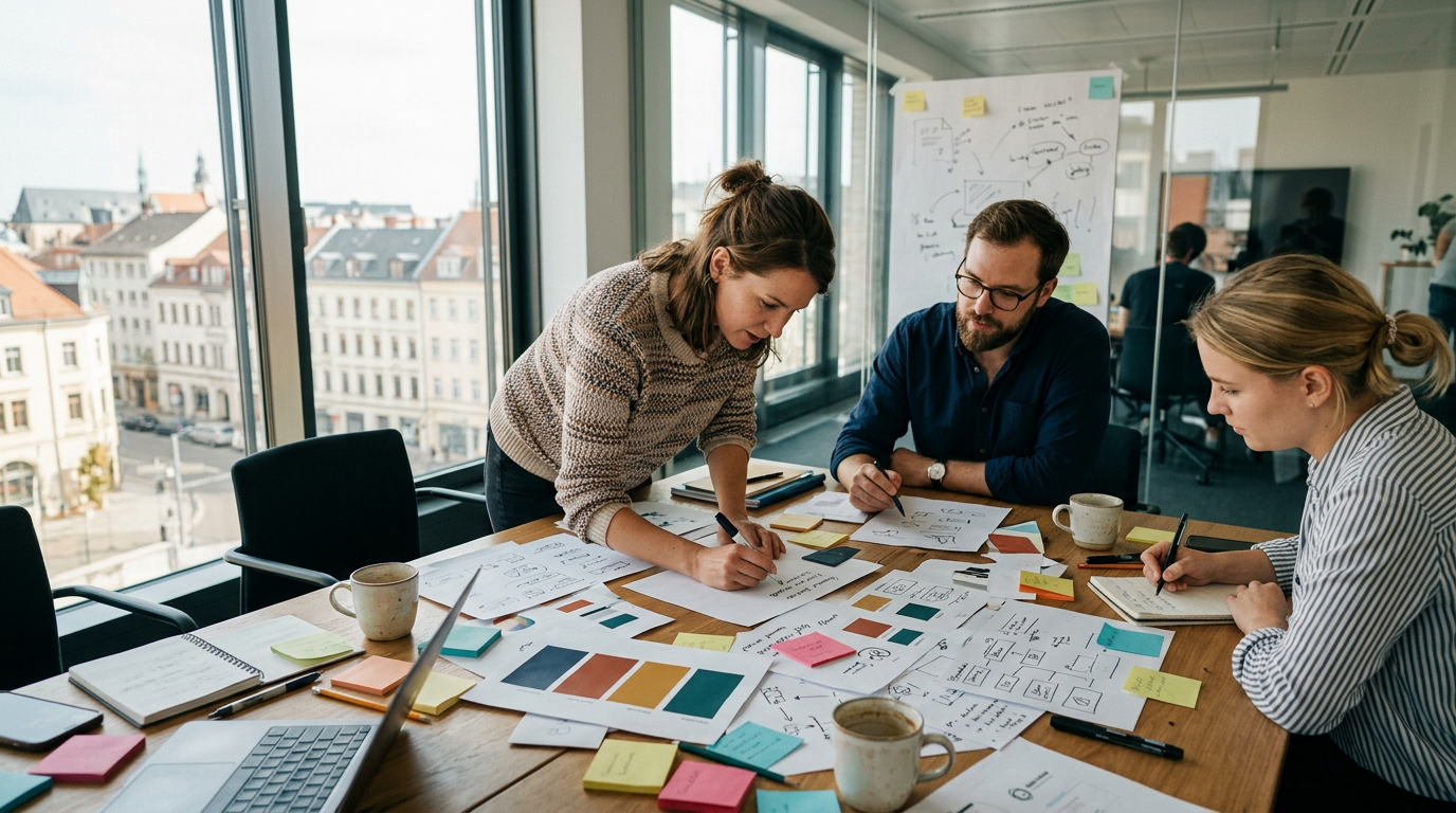 Brand strategy team working on identity materials