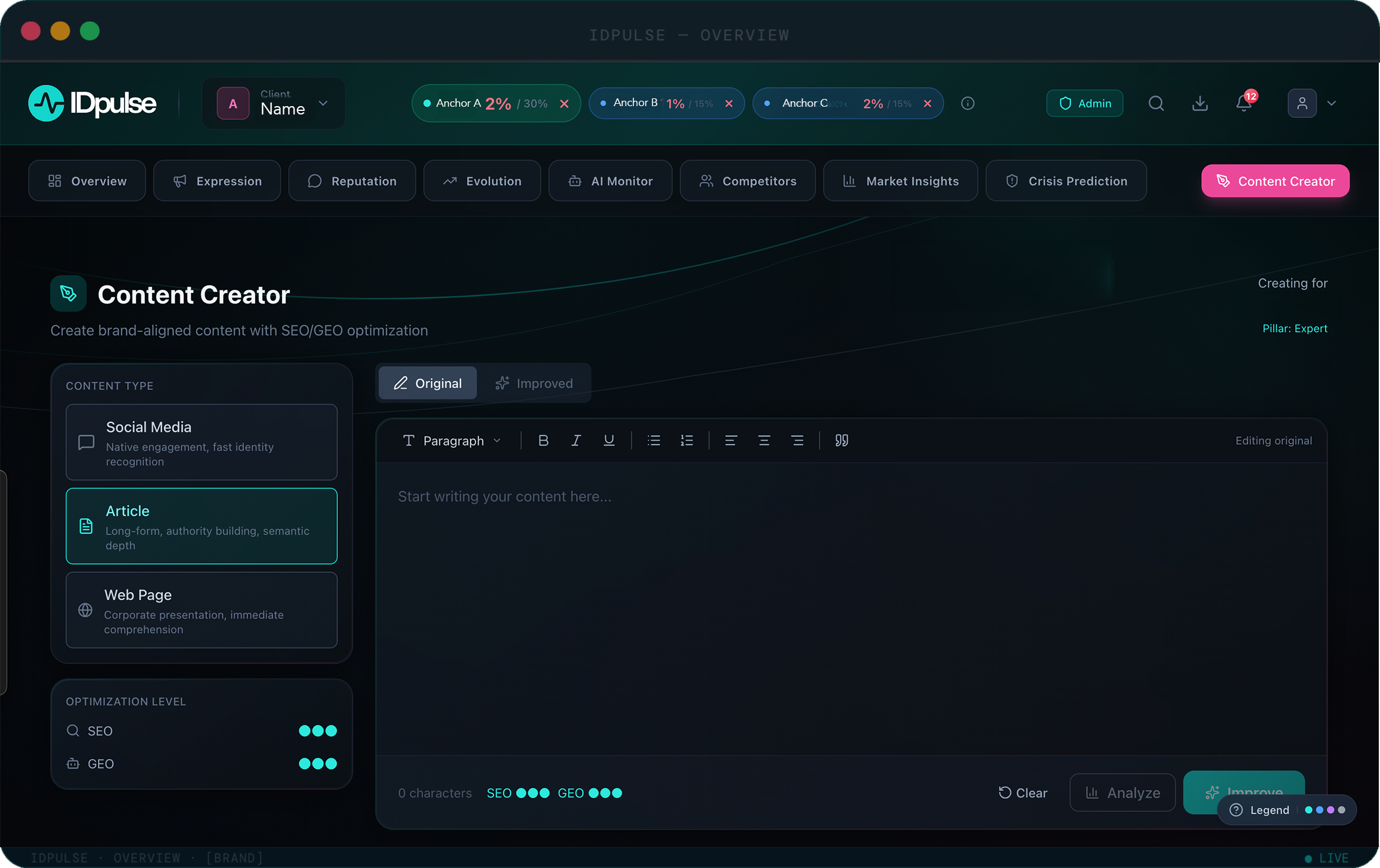 IDpulse Content Creator: editor with live archetype compliance